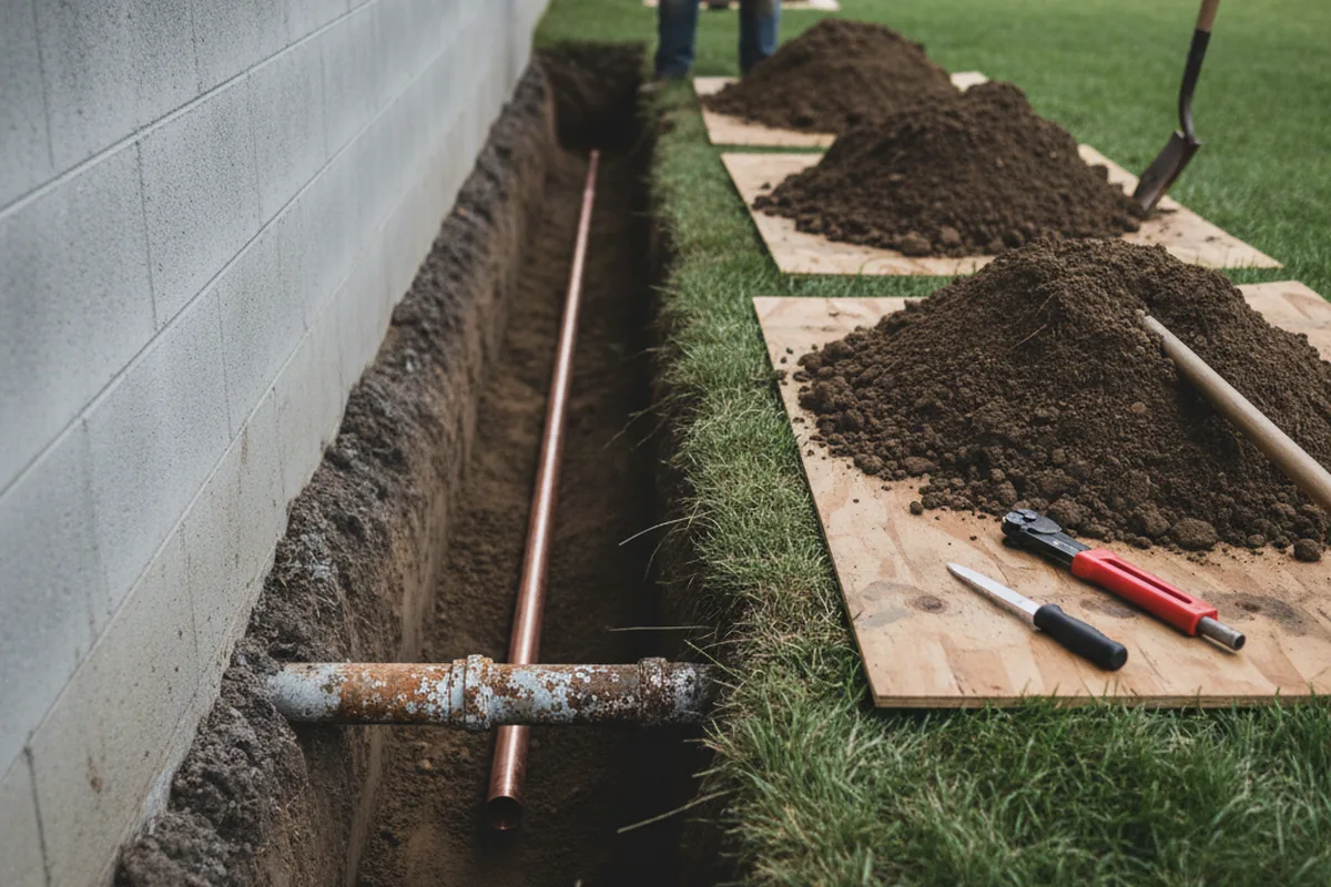 Excavated water line trench during Water Softener Installation in Cranford